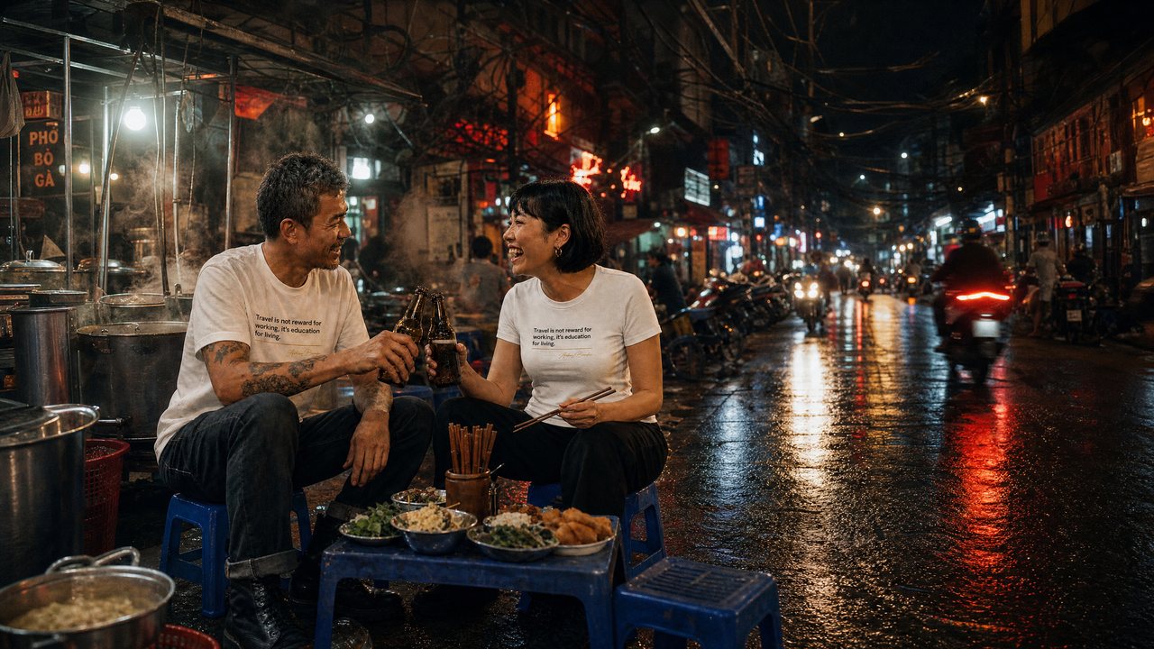 Two friends in white quote tees clinking beer bottles on low plastic stools at a Hanoi street food stall at night