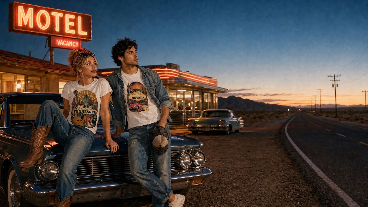 A couple in Nashville and Nevada tees leaning on a vintage car outside a neon motel sign on Route 66 at dusk